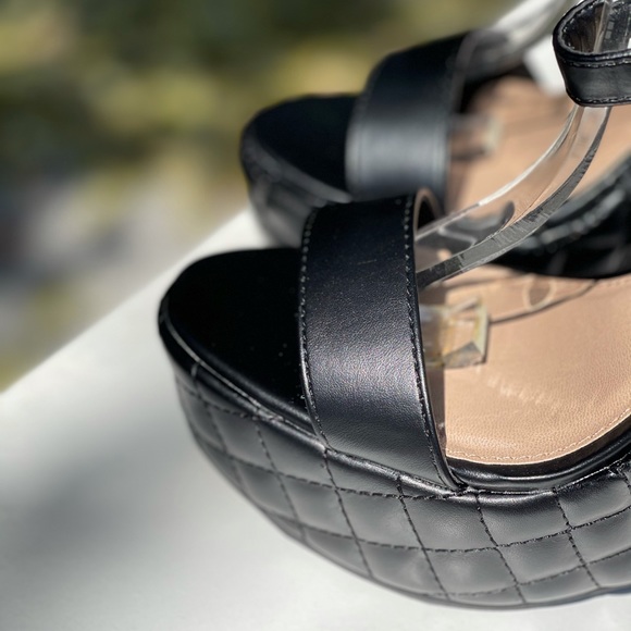 Size 8.5 Last Chance Qupid Black Quilted Faux Leather Ankle Strap Platform Wedge - Picture 8 of 11